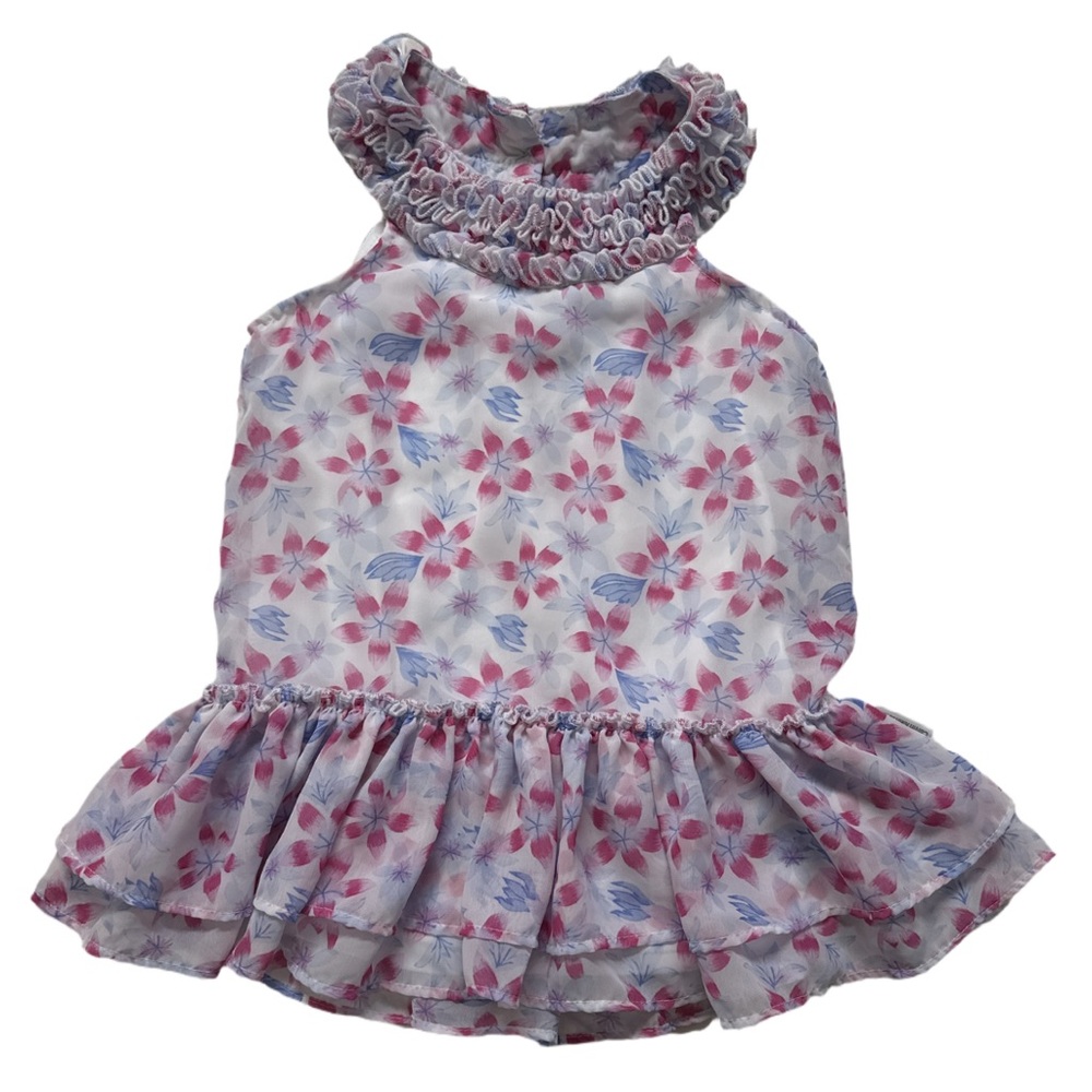 CALVIN KLEIN girl's white + pink floral ruffled neck sleeveless blouse, 7.
